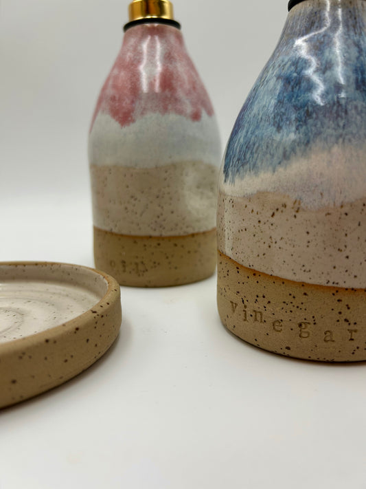 Oil & Vinegar Pourer with Dish Set - Raspberry & Blue Sea