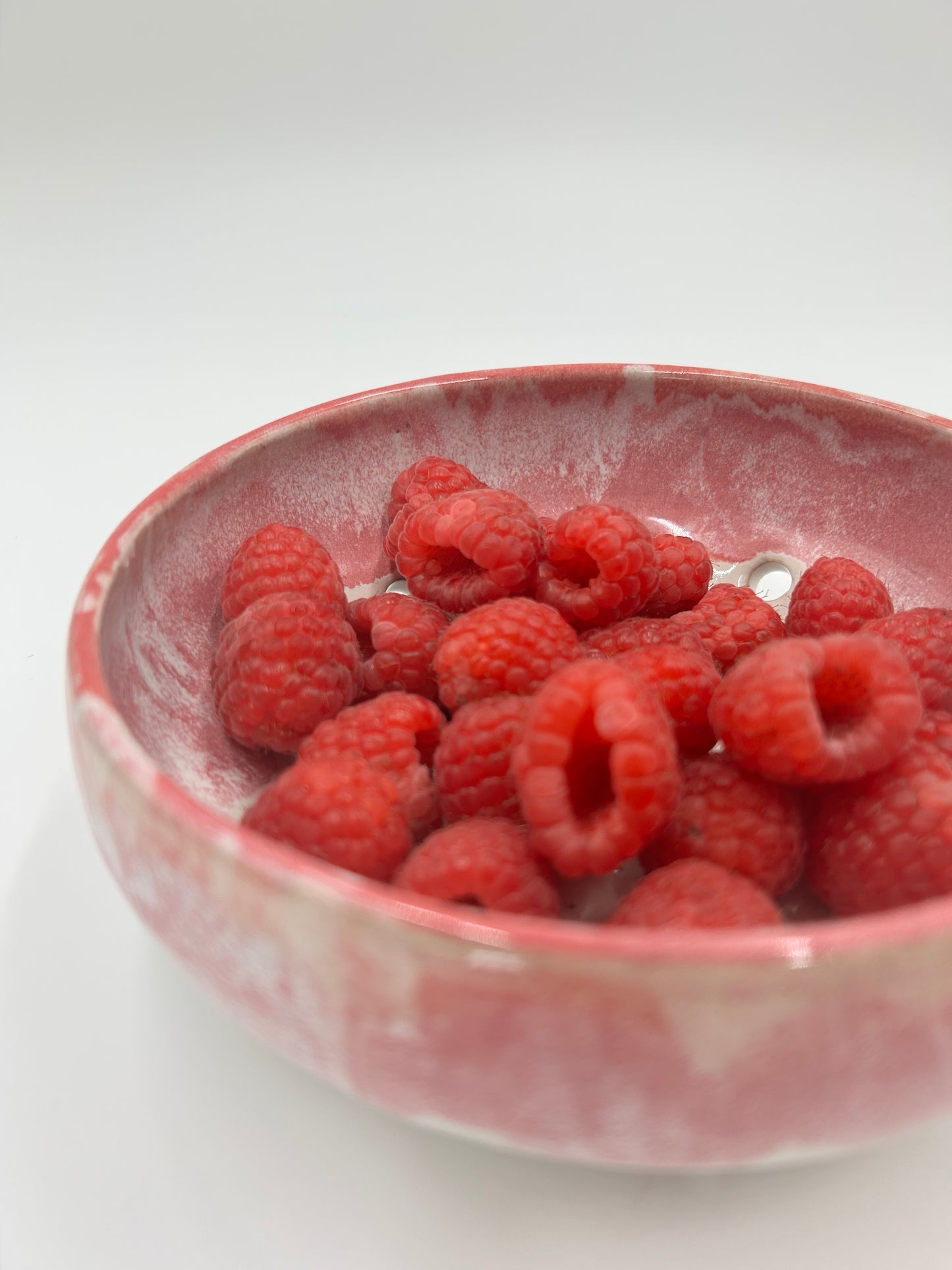 Wide Berry Bowl – Rustic Colander & Fruit Strainer with Reactive Glaze - Raspberry