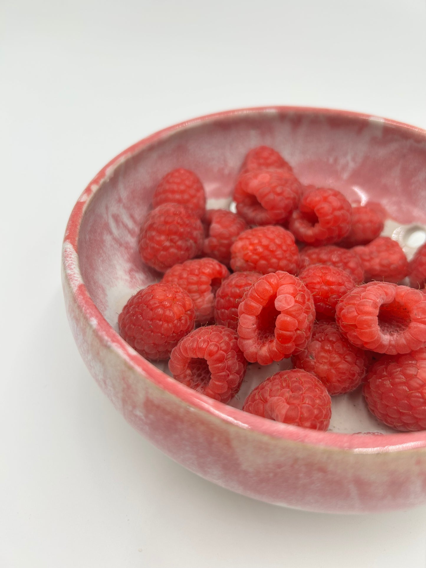 Wide Berry Bowl – Rustic Colander & Fruit Strainer with Reactive Glaze - Raspberry