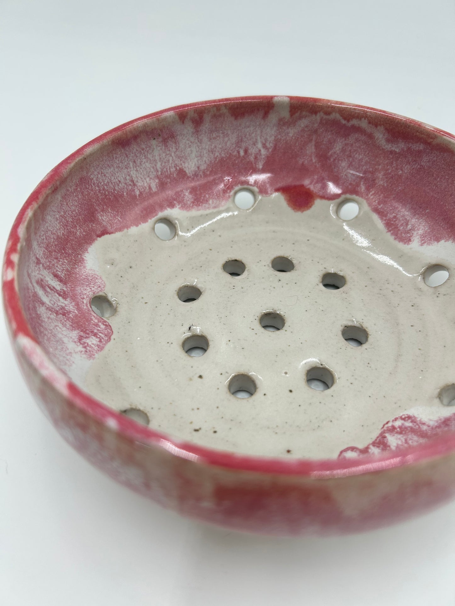 Wide Berry Bowl – Rustic Colander & Fruit Strainer with Reactive Glaze - Raspberry