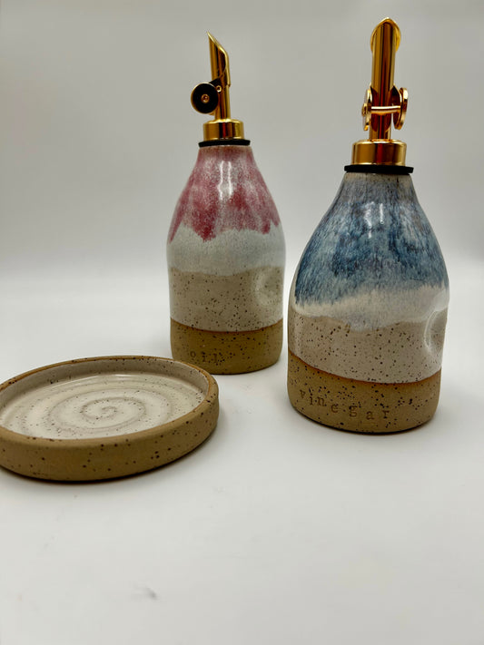 Oil & Vinegar Pourer with Dish Set - Raspberry & Blue Sea