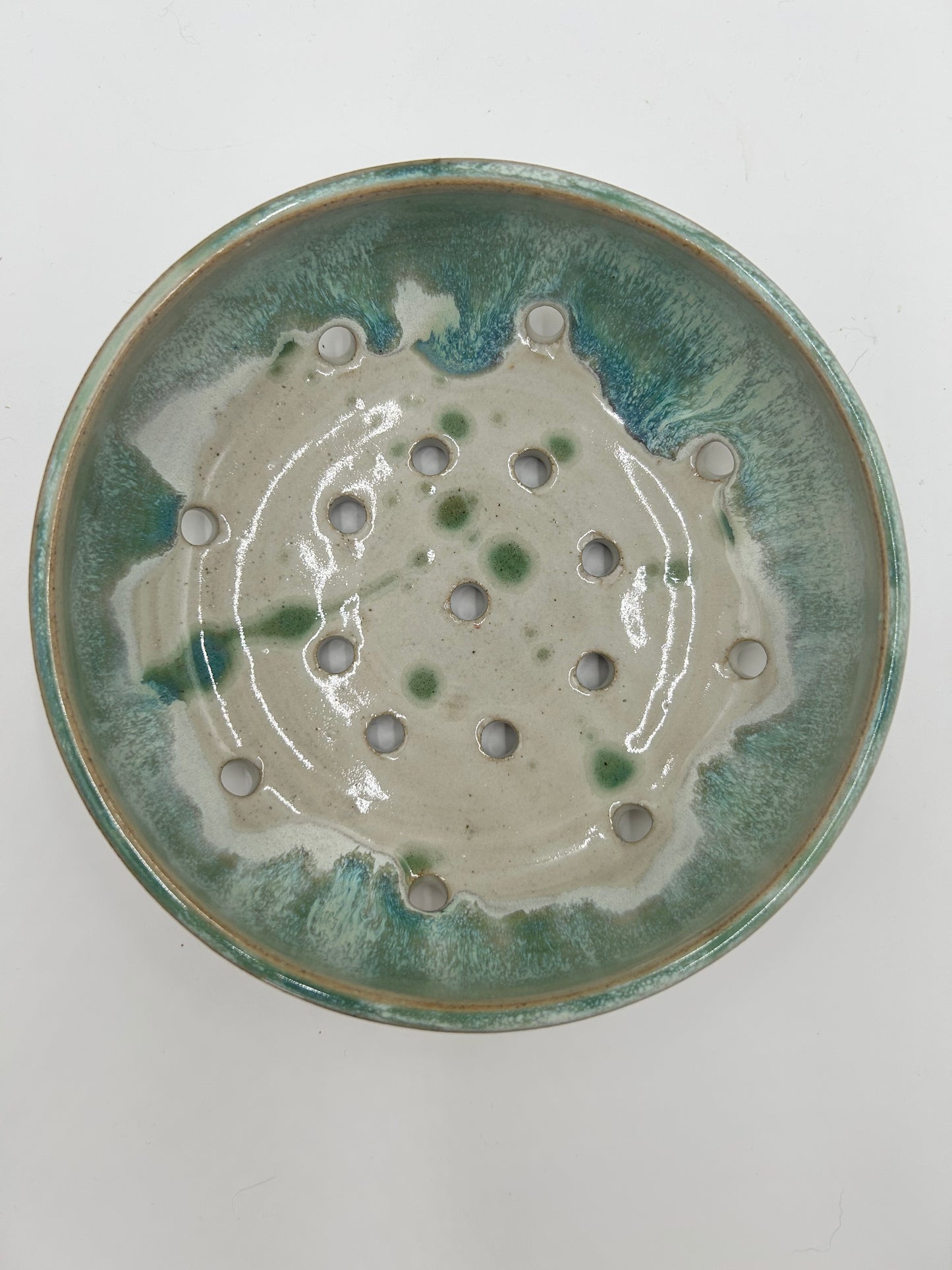 Wide Berry Bowl – Rustic Colander & Fruit Strainer with Reactive Glaze - Green Tea