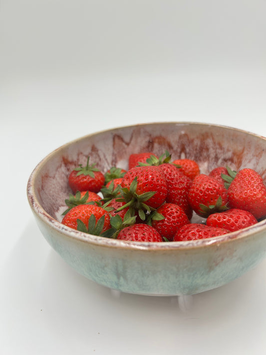 Wide Berry Bowl – Rustic Colander & Fruit Strainer with Reactive Glaze - Strawberry
