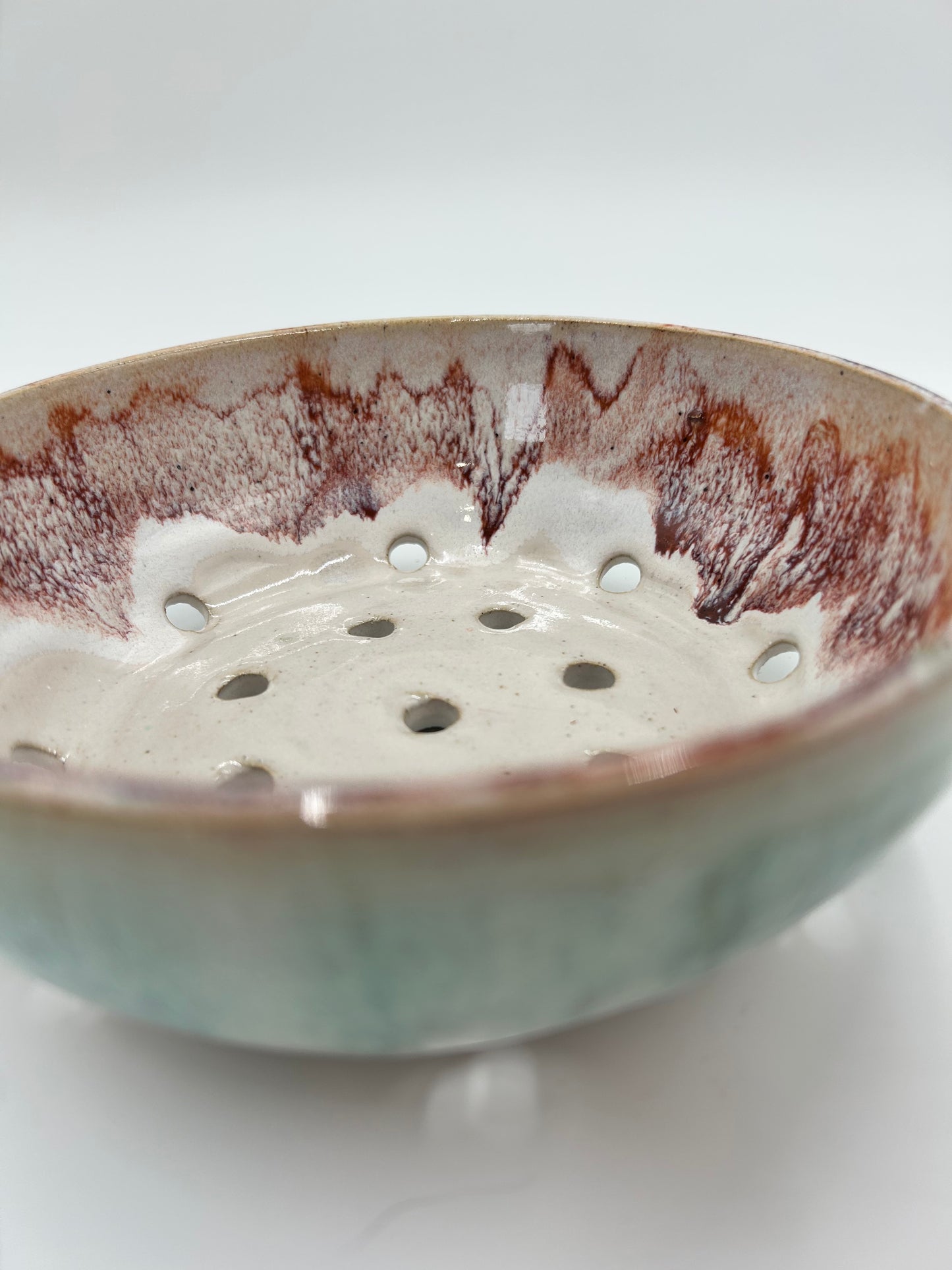 Wide Berry Bowl – Rustic Colander & Fruit Strainer with Reactive Glaze - Strawberry