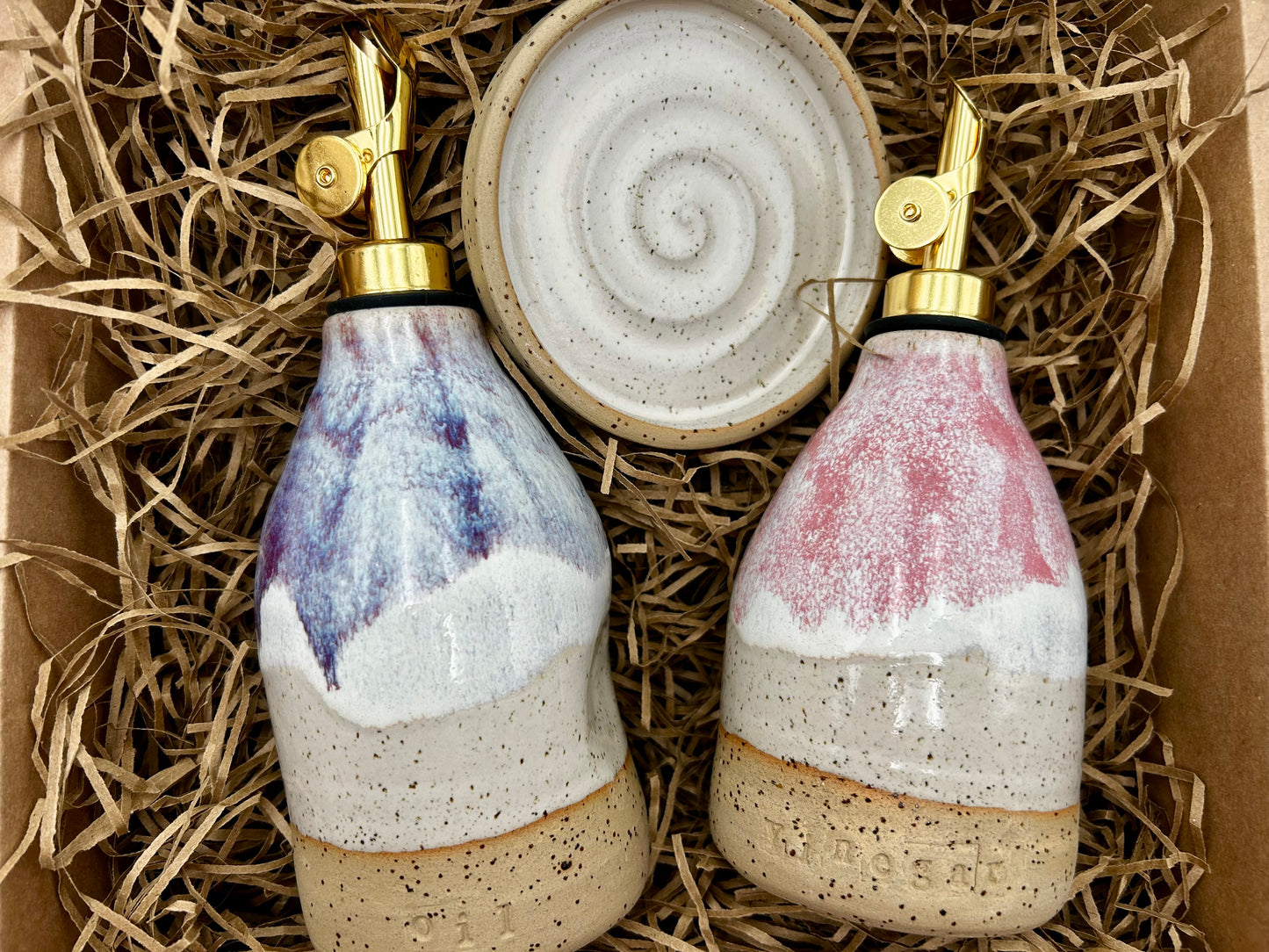 Oil & Vinegar Pourer with Dish Set - Autumn Purple & Sage