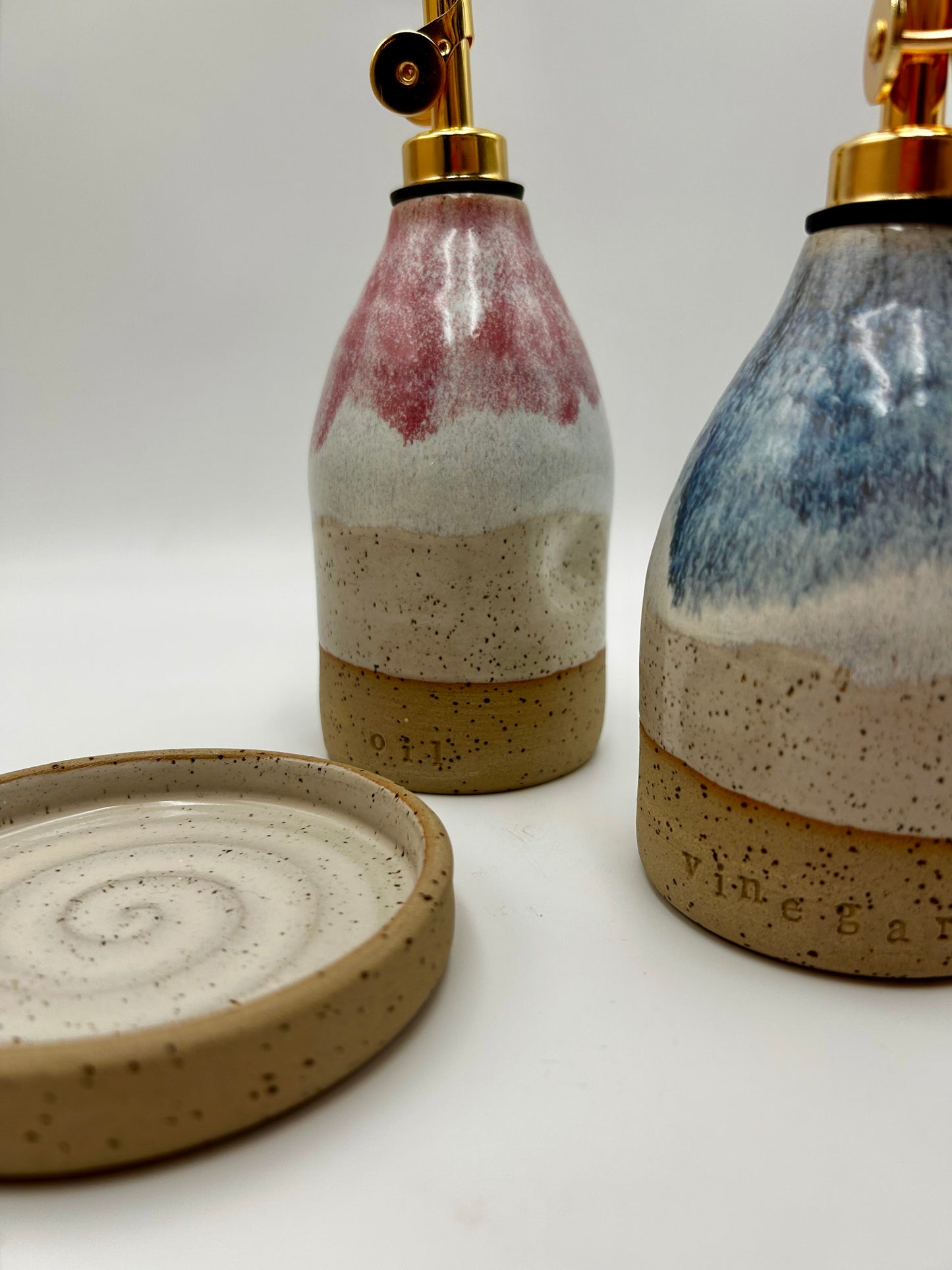 Oil & Vinegar Pourer with Dish Set - Raspberry & Blue Sea