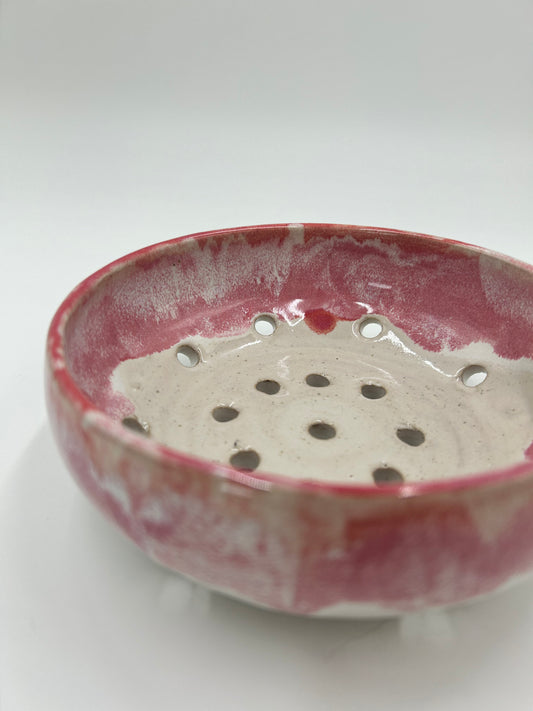 Wide Berry Bowl – Rustic Colander & Fruit Strainer with Reactive Glaze - Raspberry