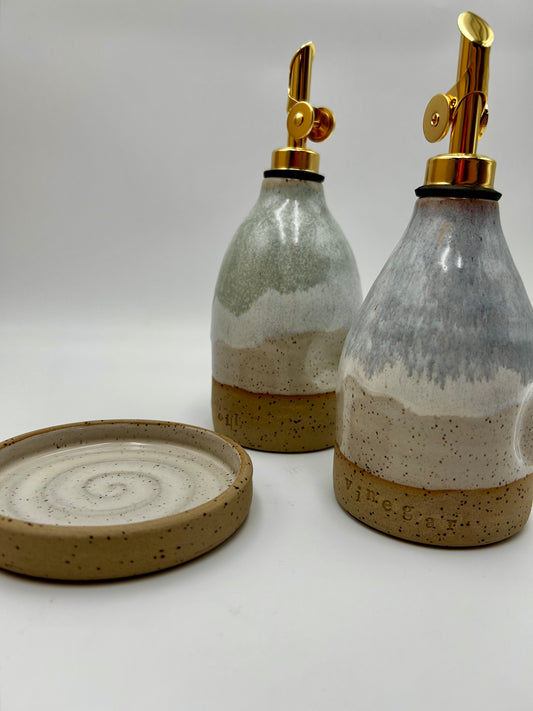 Oil & Vinegar Pourer with Dish Set - Autumn Purple & Sage