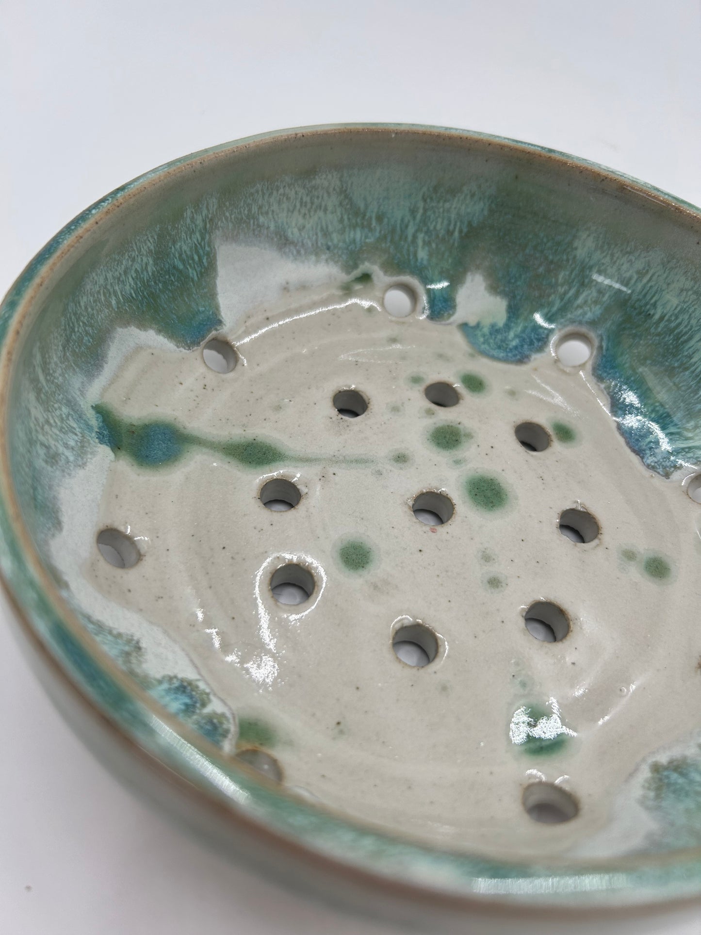 Wide Berry Bowl – Rustic Colander & Fruit Strainer with Reactive Glaze - Green Tea