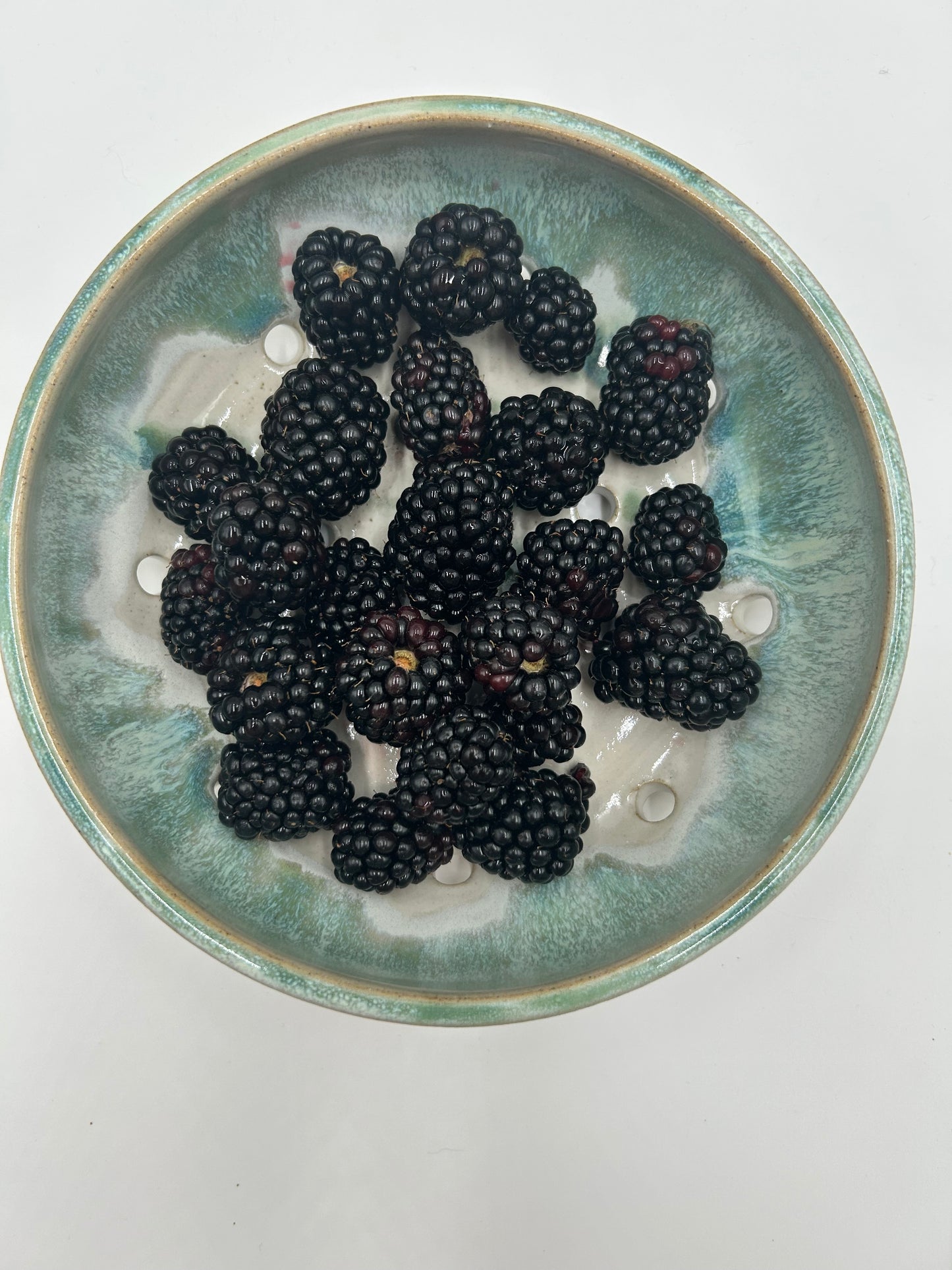 Wide Berry Bowl – Rustic Colander & Fruit Strainer with Reactive Glaze - Green Tea
