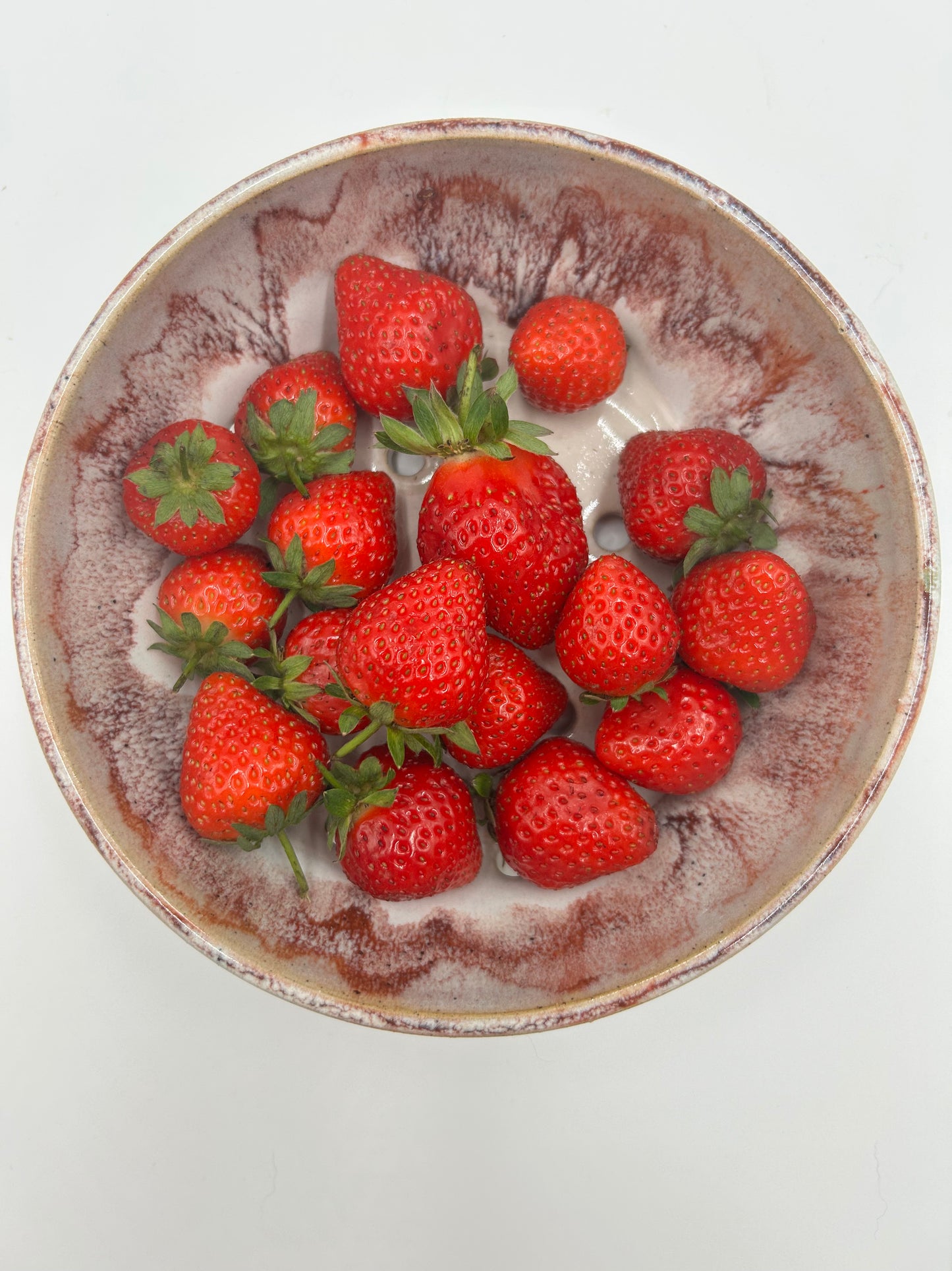 Wide Berry Bowl – Rustic Colander & Fruit Strainer with Reactive Glaze - Strawberry