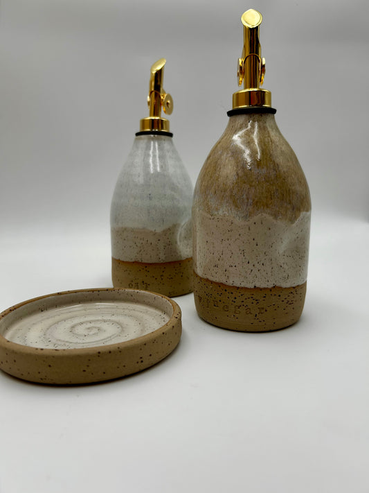 Oil & Vinegar Pourer with Dish Set - Ivory & Umber