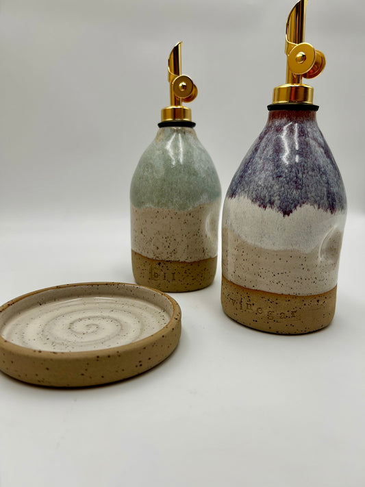 Oil & Vinegar Pourer with Dish Set - Sage & Merlot
